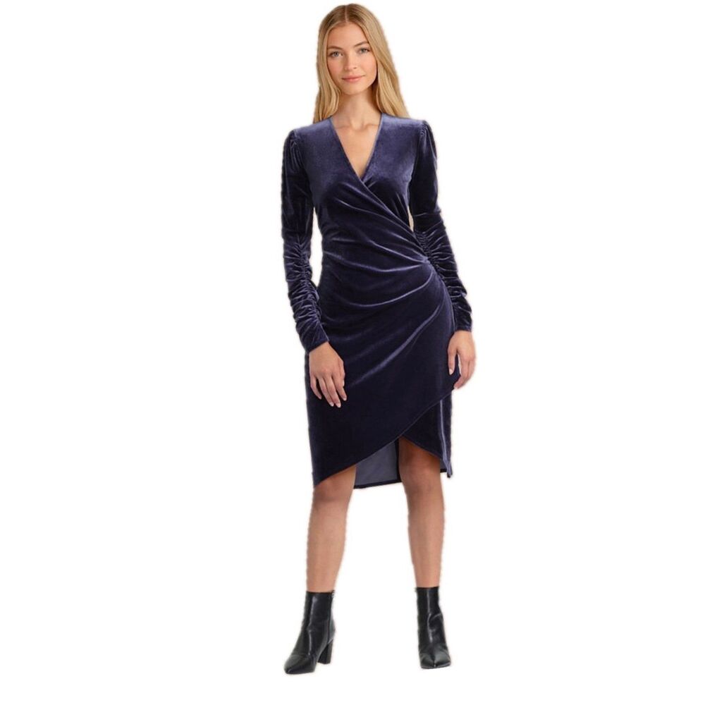 Gigi Parker Velvet Ruched Long Sleeve Sexy Stretch Bodycon Faux Wrap Dress S